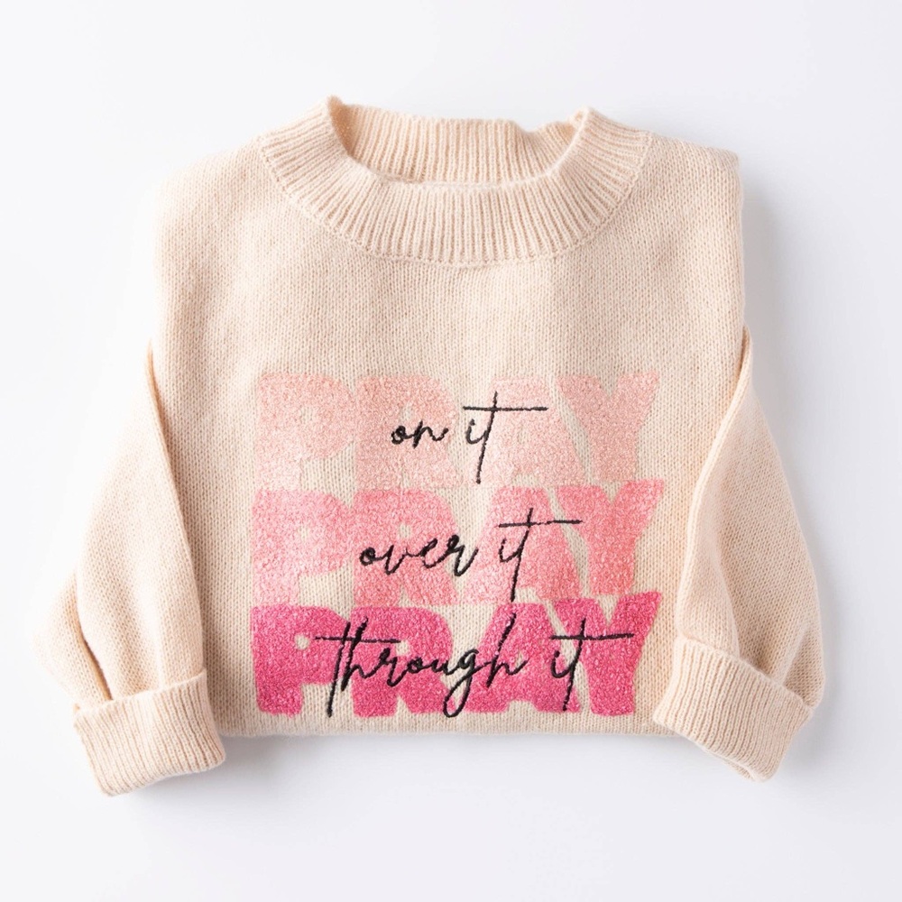 Pray on It Cozy Embellished Sweater, women’s size 2XL, Beige and Pink Oversized - Picture 11 of 11